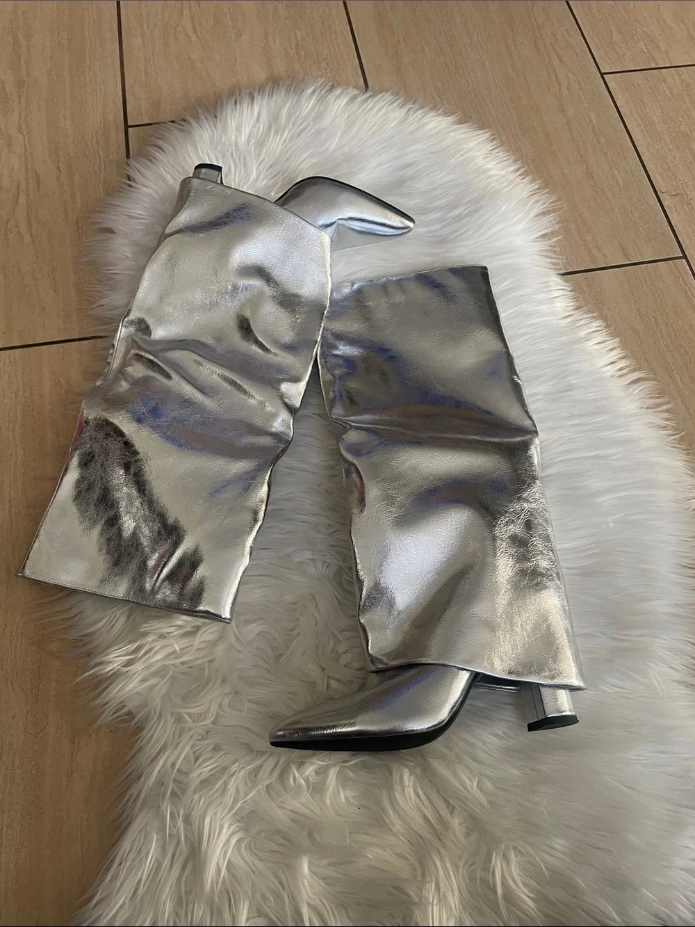 Metallic Silver Fold Over Pointy Toe, Knee High Boots